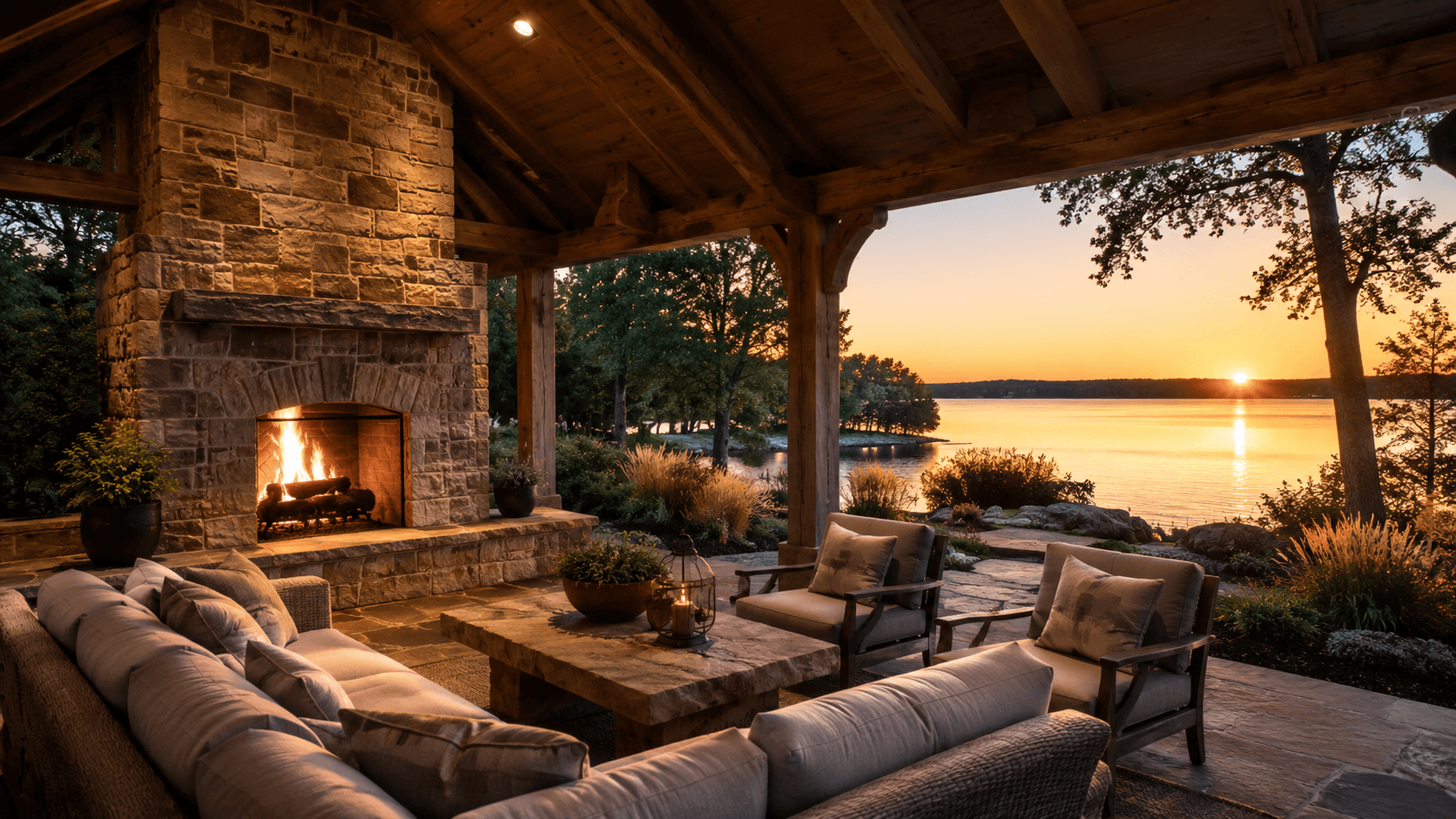 Lakefront pavilion with stone fireplace and lounge seating at golden hour on Cedar Creek Lake — atmospheric reference