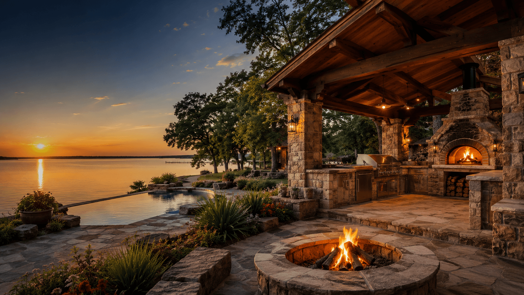 Lakefront outdoor living space at golden hour — stone pavilion, pizza oven, firepit, and Cedar Creek Lake sunset
